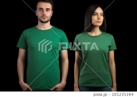 Generative AI. Blank Green T-Shirt Mockup on Male and Female Model: Showcase Your Designs in Style 101235264