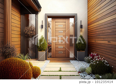 Modern house facade. Main entrance of living building. Generative AI 101235414