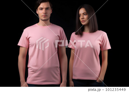 Generative AI. Blank Pink T-Shirt Mockup on Male and Female Model: Showcase Your Designs in Style 101235449