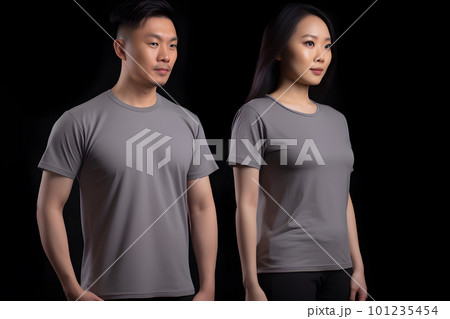 Generative AI. Blank Grey  T-Shirt Mockup on Male and Female Model: Showcase Your Designs in Style 101235454