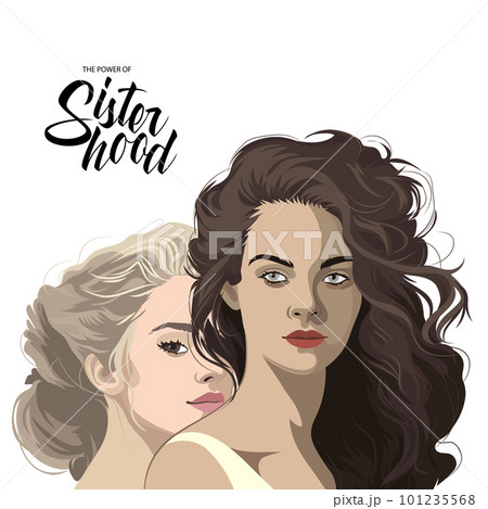 Group portrait of a two beautiful girls with brunette and blonde curly hair 101235568