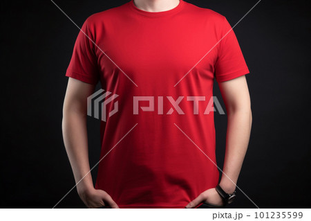 Generative AI. Red T-Shirt Mockup on Male Model 101235599