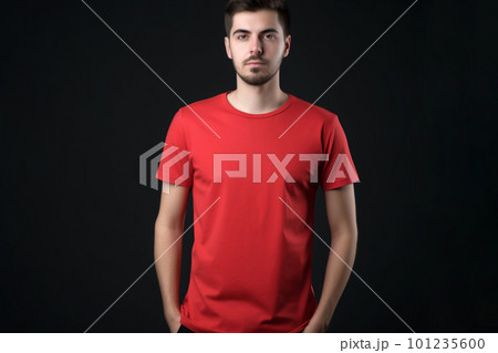 Generative AI. Red T-Shirt Mockup on Male Model 101235600