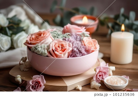 Composition with handmade soap and roses. Festive spa background. Generative AI illustration 101235636