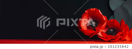 Banner with Red poppies as a symbol of memory for the fallen in the war. VE-Day, World War remembrance day. Generative AI illustration Banner with Red poppies as a symbol of memory for the fallen in the war. VE-Day, World War remembrance day. Generative AI illustration 101235642