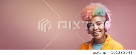 Carefree black woman with rainbow afro hair listens song in headphones. World music day concept, banner format. Generative AI illustration Carefree black woman with rainbow afro hair listens song in headphones. World music day concept, banner format. Generative AI illustration 101235643