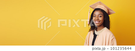 Yellow Banner with Beautiful black woman wearing a graduation cap. Study, education, university, college, graduate concept. Generative AI illustration 101235644
