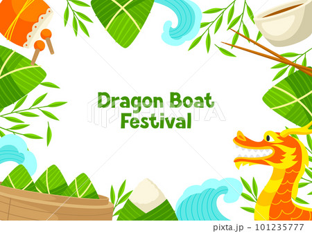Happy Dragon Boat Festival greeting card. Chinese Duanwu holiday. Traditional food zongzi rice in bamboo leaves. 101235777