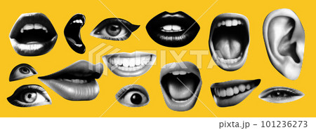 Punk collage elements. Eyes and lips and ear in halftone treatment. Retro magazine clippings. Mouth on yellow background 101236273
