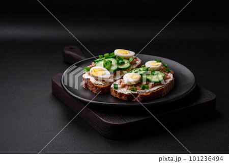 Delicious sandwiches consisting of grilled toast, canned tuna, cream cheese 101236494