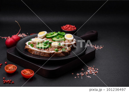 Delicious sandwiches consisting of grilled toast, canned tuna, cream cheese 101236497