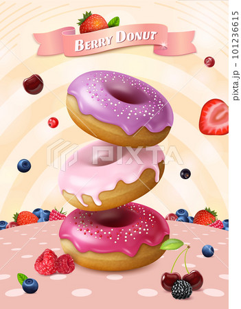 Realistic Detailed 3d Berry Donut with Strawberry, Blueberry and Raspberry Topping Ads Banner Concept Poster Card. Vector illustration 101236615