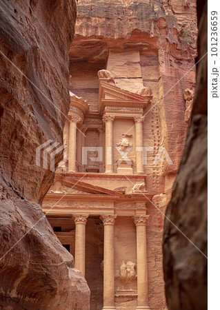 View of the Al-Khazneh Palace or Treasury in Petra, Jordan. View of the Al-Khazneh Palace or Treasury in Petra, Jordan. 101236659
