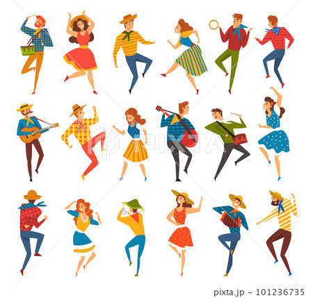 Festa Junina with People Characters Dancing and Playing Musical Instrument at Brazil Party Vector Set 101236735