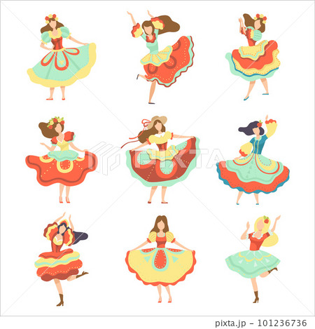 Set of happy girl in bright colorful dresess dancing at Brazil June Festival, Festa Junina cartoon vector illustration Set of happy girl in bright colorful dresess dancing at Brazil June Festival, Festa Junina cartoon vector illustration 101236736