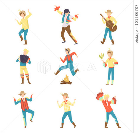 Set of rural guys dancing at Brazil June Festival, Festa Junina cartoon vector illustration Set of rural guys dancing at Brazil June Festival, Festa Junina cartoon vector illustration 101236737