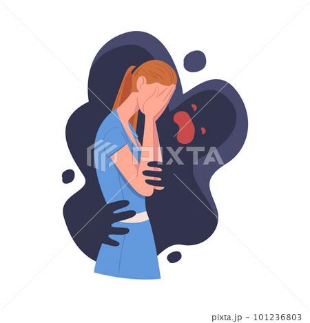 Woman Feeling Fear and Anxiety Covering Her Face with Hands Grasped by Dark Inner Monster Vector Illustration 101236803