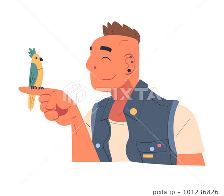 Young Man Character with Hawk Hairdo Having His Favorite Parrot Pet Sitting on His Finger Vector Illustration 101236826