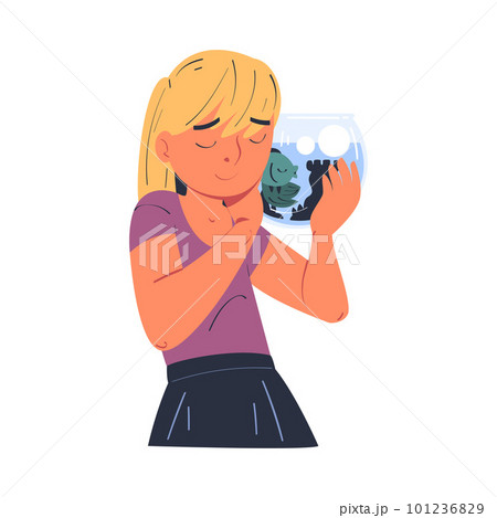 Little Girl Character Embracing Fish Bowl with Her Favorite Pet Vector Illustration 101236829