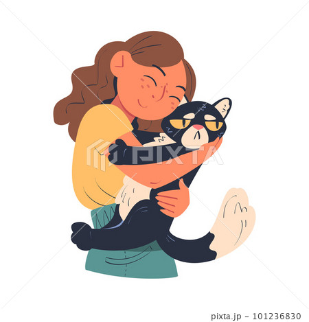 Young Woman Character Embracing Her Favorite Cat Pet with Grumpy Snout Vector Illustration 101236830