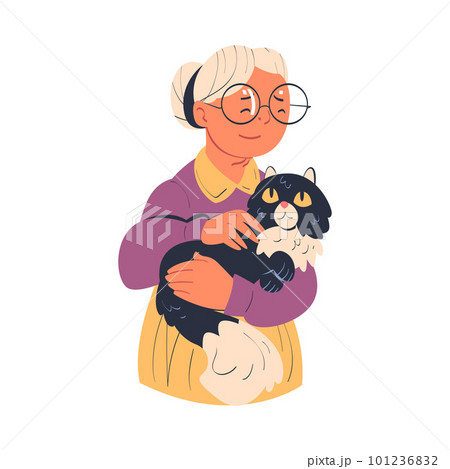 Senior Woman Character in Glasses Stroking Fluffy Cat as Her Favorite Pet Vector Illustration 101236832