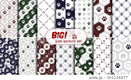Set with seamless patterns with pet footprints, hearts. 101236877