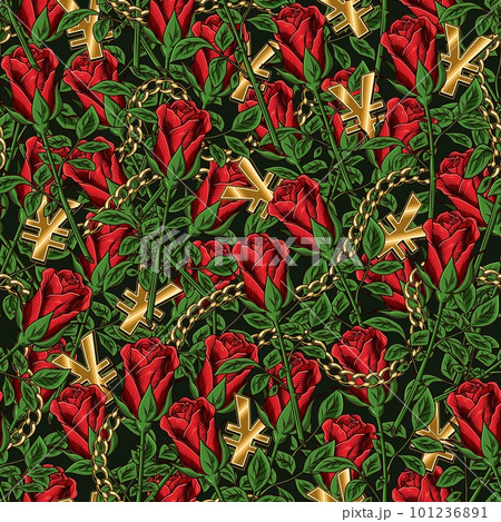 Vintage seamless pattern with roses, yuan sign Vintage seamless pattern with roses, yuan sign 101236891