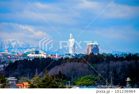 丘の上の台原公園から望む西方の仙台大観音像と街並み 101236964
