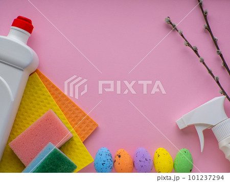 Detergent with Easter decoration on pink background with copy space Detergent with Easter decoration on pink background with copy space 101237294