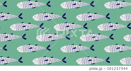 Seamless pattern with hand drawn blue fish. Doodle, simple illustration. It can be used for decoration of textile, paper and other surfaces. Seamless pattern with hand drawn blue fish. Doodle, simple illustration. It can be used for decoration of textile, paper and other surfaces. 101237344