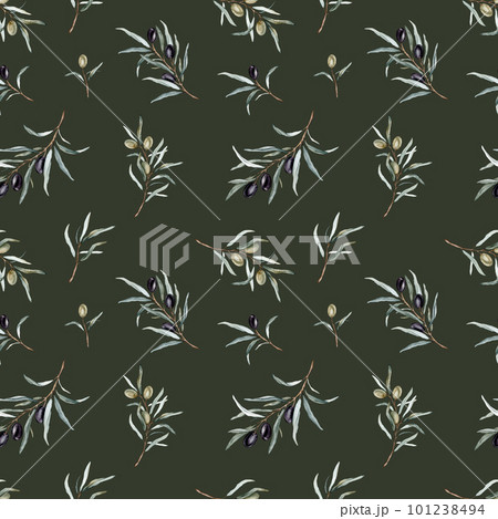 Watercolor seamless pattern with black and green olives and branch. Hand painted olives isolated on white background. Botanical illustration for design, print, fabric or background 101238494