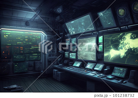 Control room with screens and computers, interior of command center, generative AI Control room with screens and computers, interior of command center, generative AI 101238732