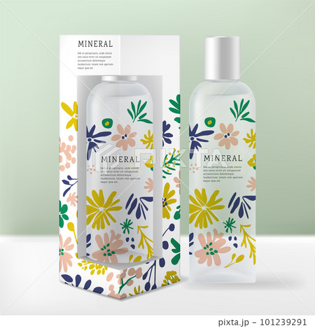 Vector Clear Plastic Spray, Pump or Serum Bottle Packaging with Botanical Print Pattern and Carton Box. Vector Clear Plastic Spray, Pump or Serum Bottle Packaging with Botanical Print Pattern and Carton Box. 101239291