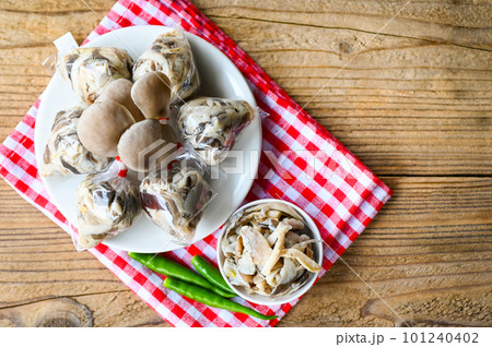 Fresh grey oyster mushroom on plate, cooked oyster mushroom for cooking food - processed food street mushroom package 101240402