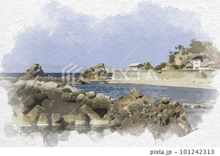 水彩画風　静之窟周辺の海岸　島根県大田市 101242313