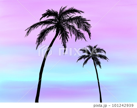 朝焼けを背景に立つ2本のヤシの木(シルエット)の風景イラスト素材(水彩) 朝焼けを背景に立つ2本のヤシの木(シルエット)の風景イラスト素材(水彩) 101242939
