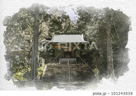 水彩画風　石見銀山大森町並み　井戸神社　拝殿　島根県大田市 101243039