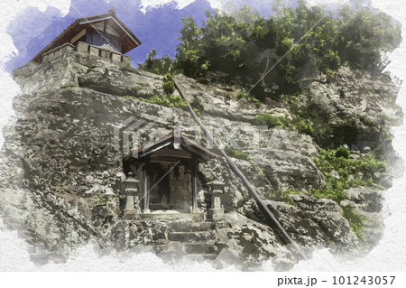 水彩画風　石見銀山大森町並み　観世音寺　一畑薬師石碑　島根県大田市 101243057