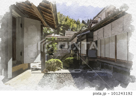 水彩画風　石見銀山大森町並み　熊谷家住宅　島根県大田市 101243192