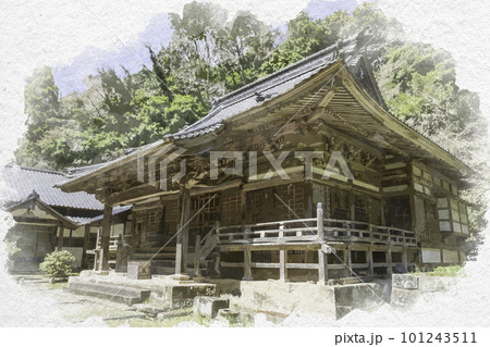 水彩画風　石見銀山大森町並み　勝源寺　本堂　島根県大田市 101243511
