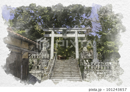 水彩画風 石見銀山大森町並み 城上神社 鳥居 島根県大田市 水彩画風 石見銀山大森町並み 城上神社 鳥居 島根県大田市 101243657
