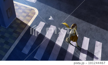 早朝の横断歩道と女性と紙飛行機【イラスト】 早朝の横断歩道と女性と紙飛行機【イラスト】 101244467