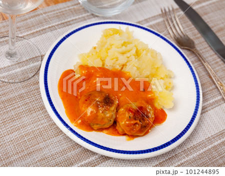 white round plate with meatballs sprinkled with chopped dill in tomato sauce with mashed potatoes white round plate with meatballs sprinkled with chopped dill in tomato sauce with mashed potatoes 101244895