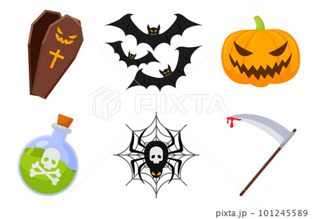 Halloween icons element vector set with tombstone, bat, pumpkin spider and other witch symbols. Halloween icons element vector set with tombstone, bat, pumpkin spider and other witch symbols. 101245589