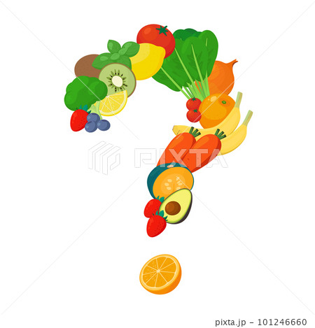 野菜と果物でつくられたクエスチョンマークのベクターイラスト。 野菜と果物でつくられたクエスチョンマークのベクターイラスト。 101246660