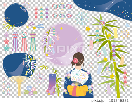 七夕のおしゃれなイラスト素材セット　浴衣　文字なし　 101246881