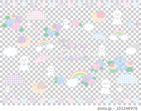 A cute illustration material set of a snail with a cute gingham check for the rainy season and a teru teru bozu 101246978