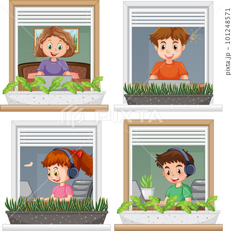 Cartoon Kids Using Laptops for Online Learning Cartoon Kids Using Laptops for Online Learning 101248571