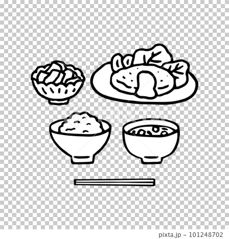 Balanced meal, Japanese food, Western food, hamburger, line drawing, monochrome Balanced meal, Japanese food, Western food, hamburger, line drawing, monochrome 101248702
