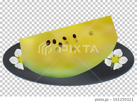 "Cut yellow small ball watermelon" served on a plate Blue plate Floral pattern "Cut yellow small ball watermelon" served on a plate Blue plate Floral pattern 101250321